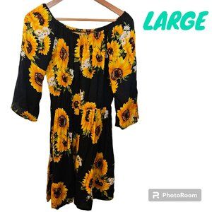 Off The Shoulder Navy Sunflower 3/4 Sleeve Midi Summer Dress Girly Women Large